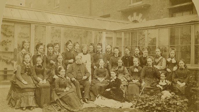 Women students with William Unwin at Homerton College London, c. 1873.