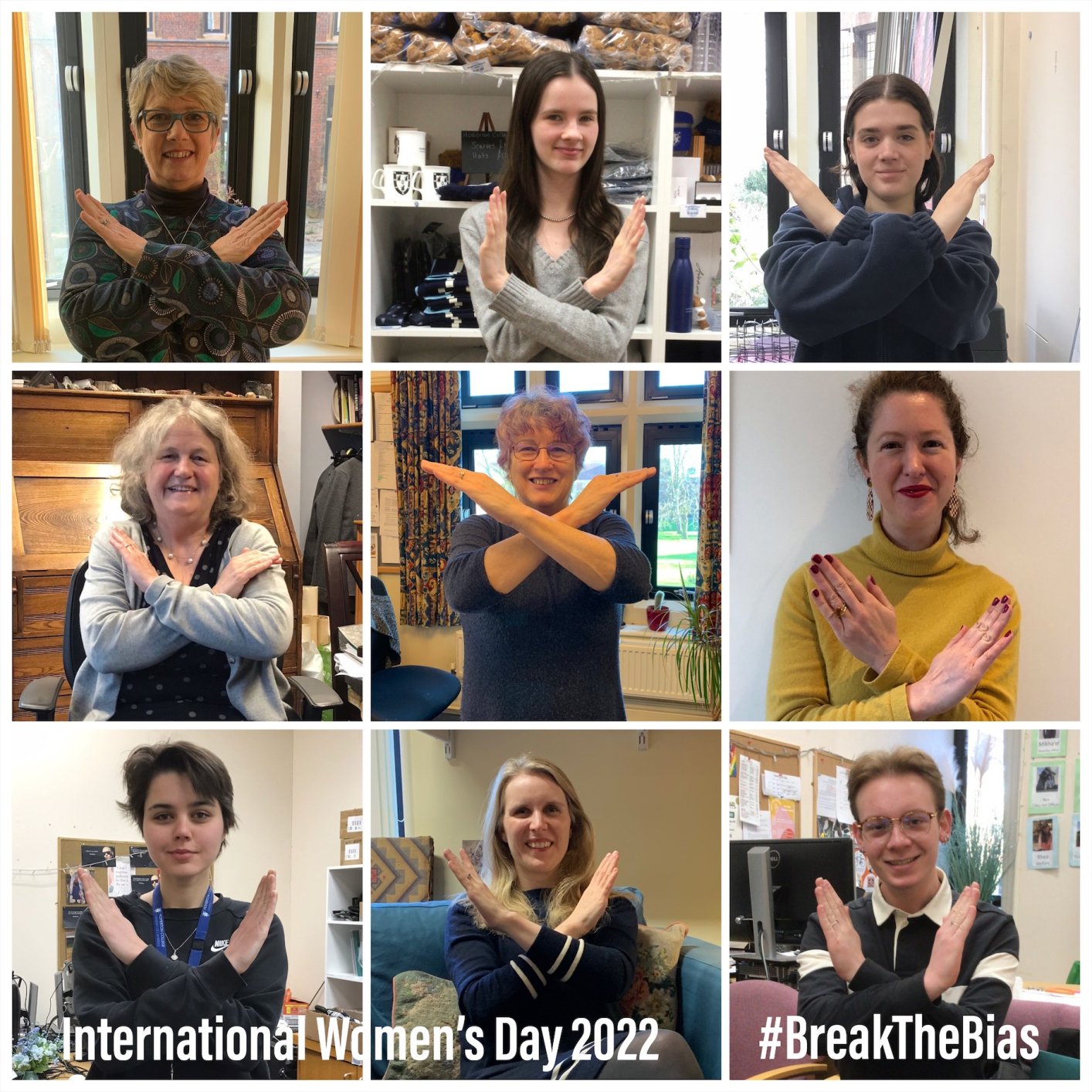 Students, staff and Fellows cross their arms in solidarity with International Women's Day's 'Break the Bias' message