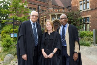 Michelle Mitchell (C) with Sir Leszek Borysiewicz (L) and the Principal (R)