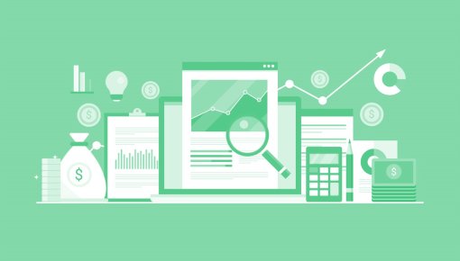 Finance text with images of money, cogs, graphs, calculator