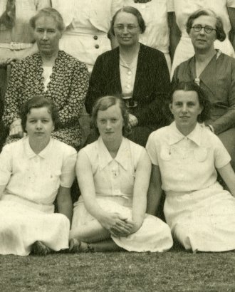 Margaret Kent (nee Barry) on the right, with Marion Hughes (left) and Edna Davidson (centre) in a group photograph of the 1936 intake